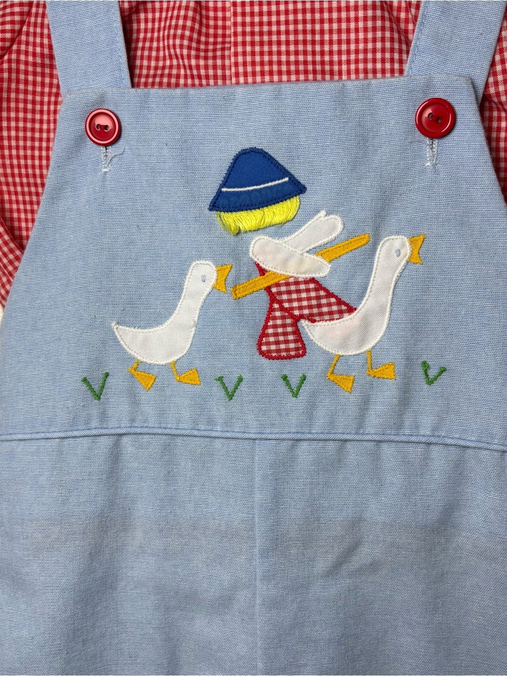 Vintage By Thomas Romper 18 months Toddler Baby Boy Blue Gingham Red Farm Ducks - Picture 4 of 10